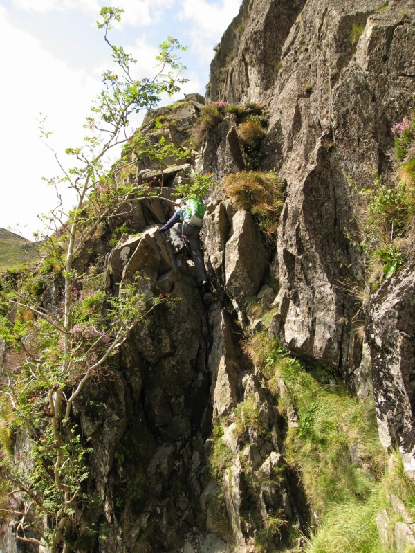 Scrambling up a challenging and exposed section of Jack's Rake on the dramatic, scarred face of Pavey Ark